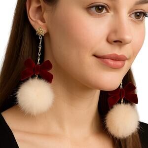 Red Bow & Pompom Holiday Snowflake Dangle Earrings Classy Elegant Sterling